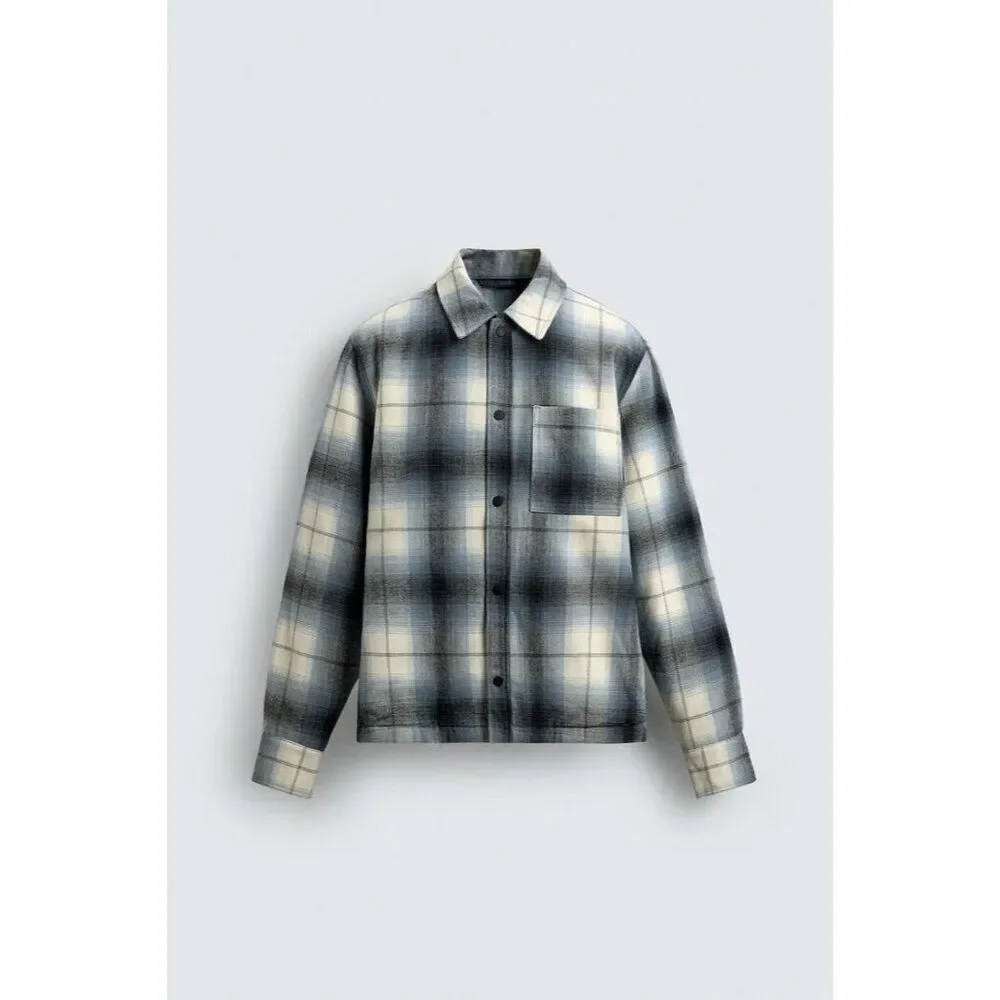 Zara Mens Overshirt Jacket M Blue Plaid Shearling Lined Flannel 7446/326 NWT